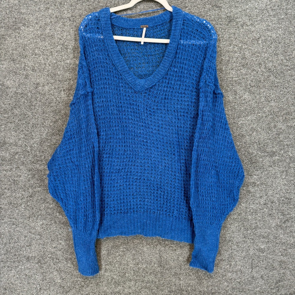 Free People Sweater Womens XS Blue Balloon Slv Open Knit Alpaca Wool Blend NEW